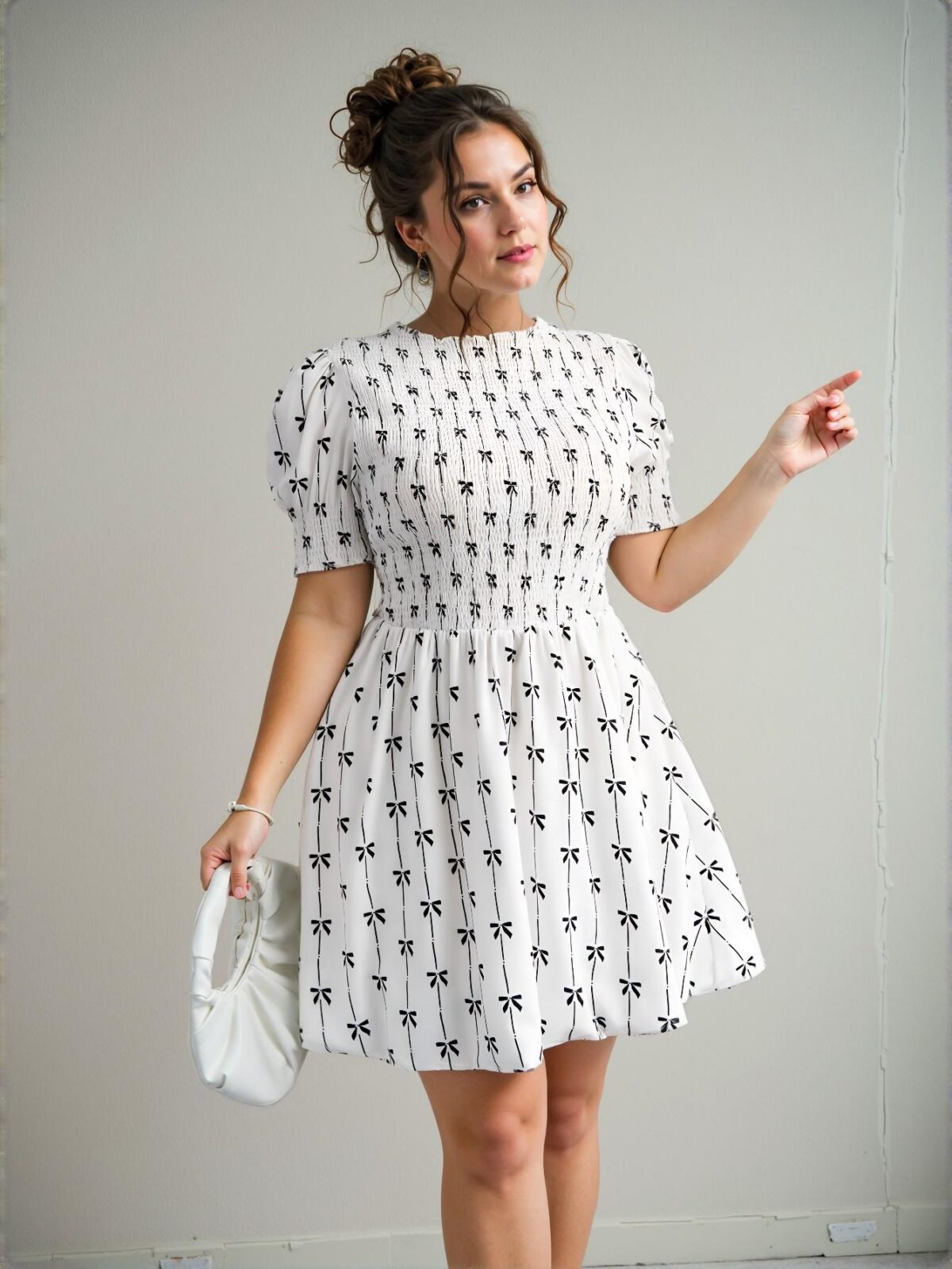 Elegant White Bow-Accent Short Sleeve Ruched Waist Mini Dress - Chic, Classy and Trendy Fashion Style to Dress to Impress - Image 3