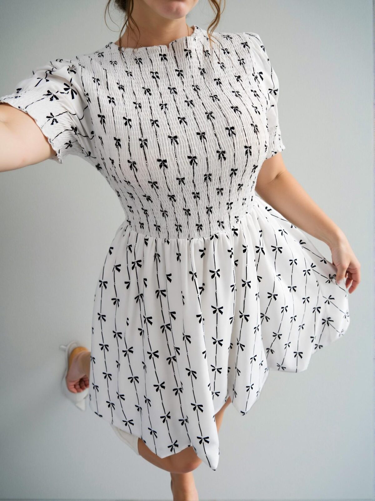 Elegant White Bow-Accent Short Sleeve Ruched Waist Mini Dress - Chic, Classy and Trendy Fashion Style to Dress to Impress - Image 4