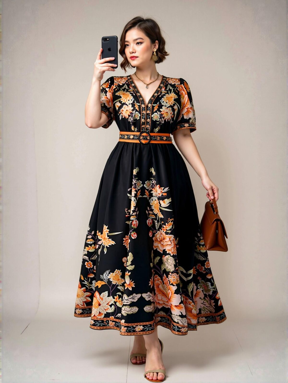 Elegant Multicolor Boho Style Printed Cinched Waist V-Neck Half Sleeve Dress for Thailand and Maldives Vacation, Featuring Ruffle Hem and Flared Midi Cut - Chic, Classy and Trendy Fashion Style to Dress to Impress
