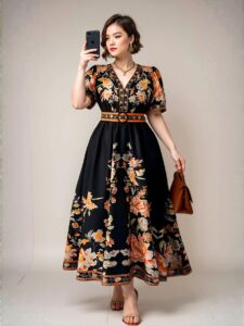 Elegant Multicolor Boho Style Printed Cinched Waist V-Neck Half Sleeve Dress for Thailand and Maldives Vacation, Featuring Ruffle Hem and Flared Midi Cut - Chic, Classy and Trendy Fashion Style to Dress to Impress