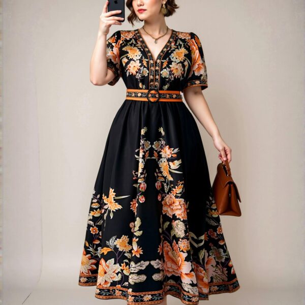 Elegant Multicolor Boho Style Printed Cinched Waist V-Neck Half Sleeve Dress for Thailand and Maldives Vacation, Featuring Ruffle Hem and Flared Midi Cut - Chic, Classy and Trendy Fashion Style to Dress to Impress