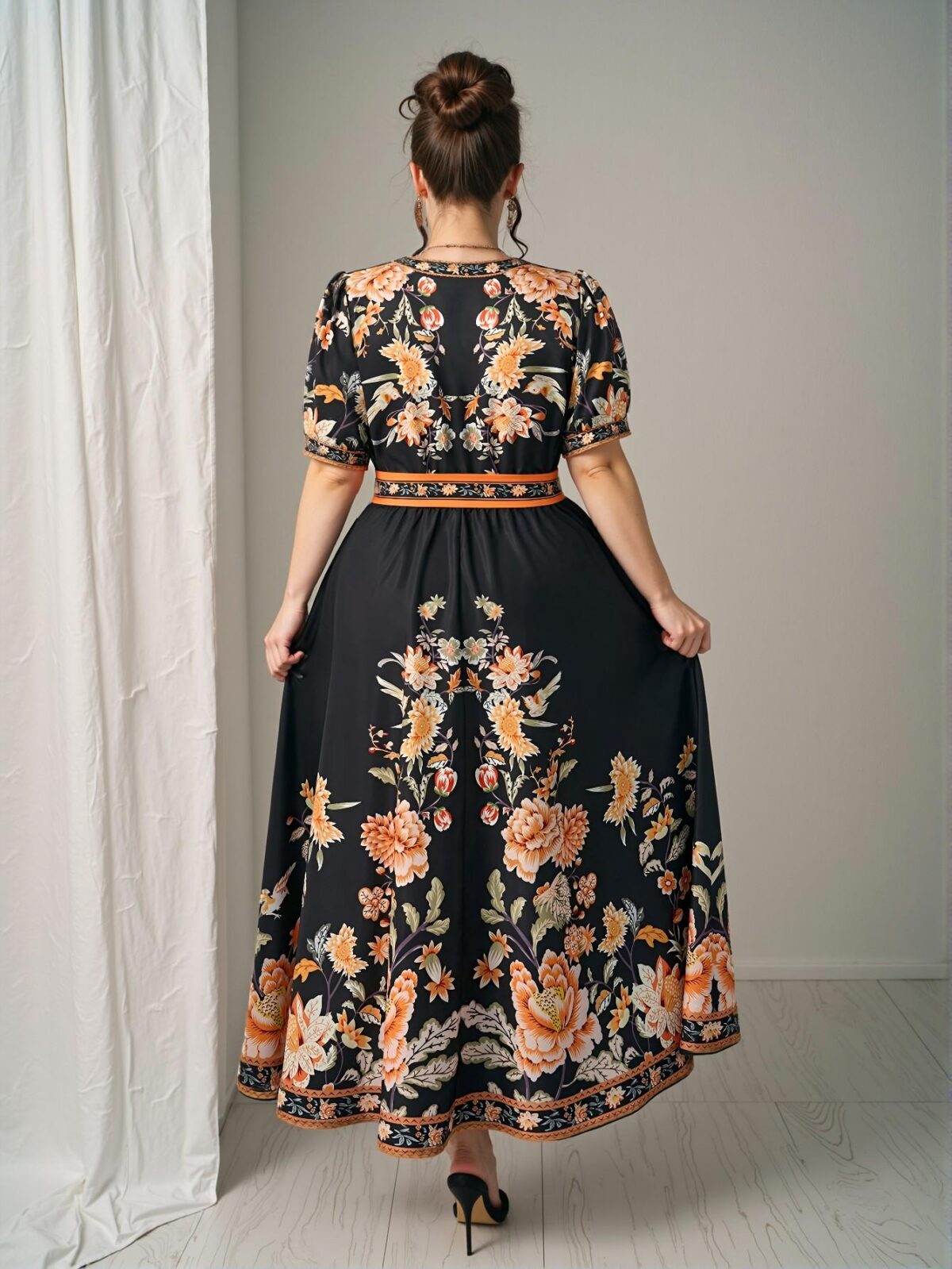 Elegant Multicolor Boho Style Printed Cinched Waist V-Neck Half Sleeve Dress for Thailand and Maldives Vacation, Featuring Ruffle Hem and Flared Midi Cut - Chic, Classy and Trendy Fashion Style to Dress to Impress - Image 2