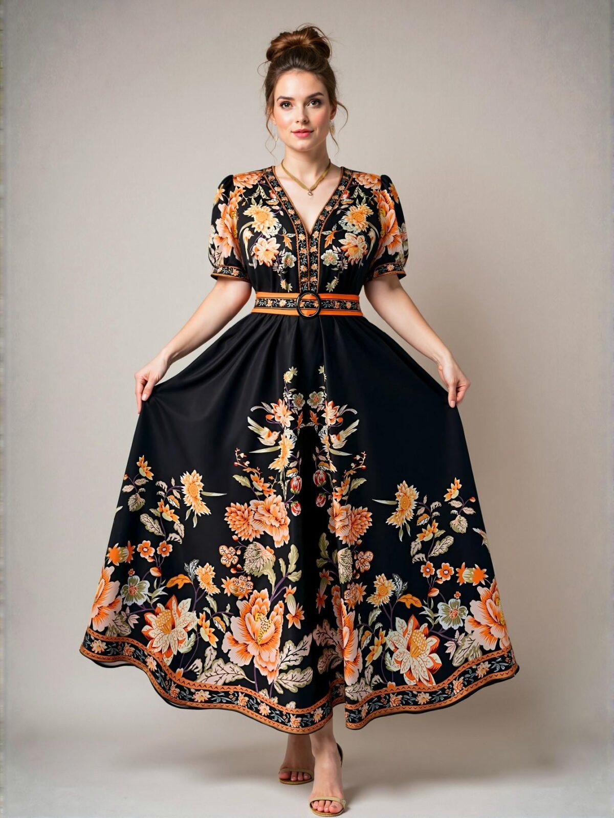 Elegant Multicolor Boho Style Printed Cinched Waist V-Neck Half Sleeve Dress for Thailand and Maldives Vacation, Featuring Ruffle Hem and Flared Midi Cut - Chic, Classy and Trendy Fashion Style to Dress to Impress - Image 3