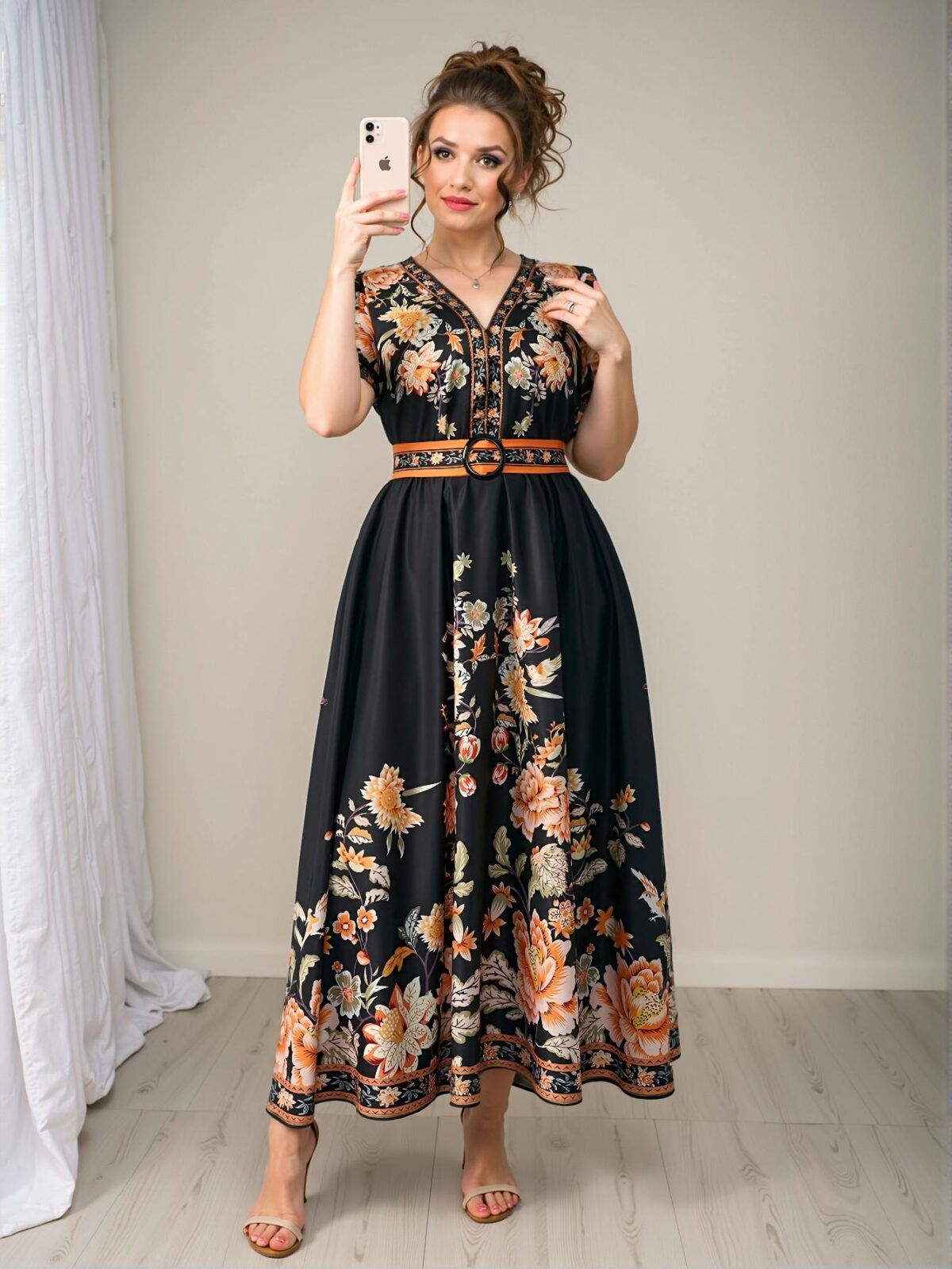 Elegant Multicolor Boho Style Printed Cinched Waist V-Neck Half Sleeve Dress for Thailand and Maldives Vacation, Featuring Ruffle Hem and Flared Midi Cut - Chic, Classy and Trendy Fashion Style to Dress to Impress - Image 4