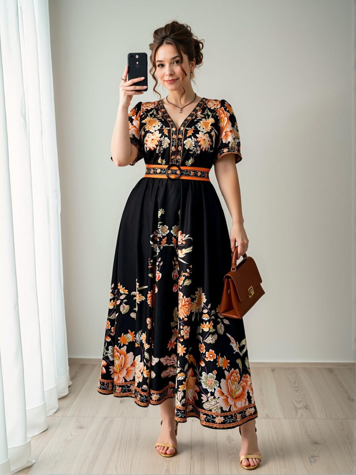 Elegant Multicolor Boho Style Printed Cinched Waist V-Neck Half Sleeve Dress for Thailand and Maldives Vacation, Featuring Ruffle Hem and Flared Midi Cut - Chic, Classy and Trendy Fashion Style to Dress to Impress - Image 5