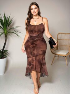 Elegant Brown Asymmetrical Ruched Midi Mesh Slip Dress for Summer Chic, Classy and Trendy Fashion Style to Dress to Impress