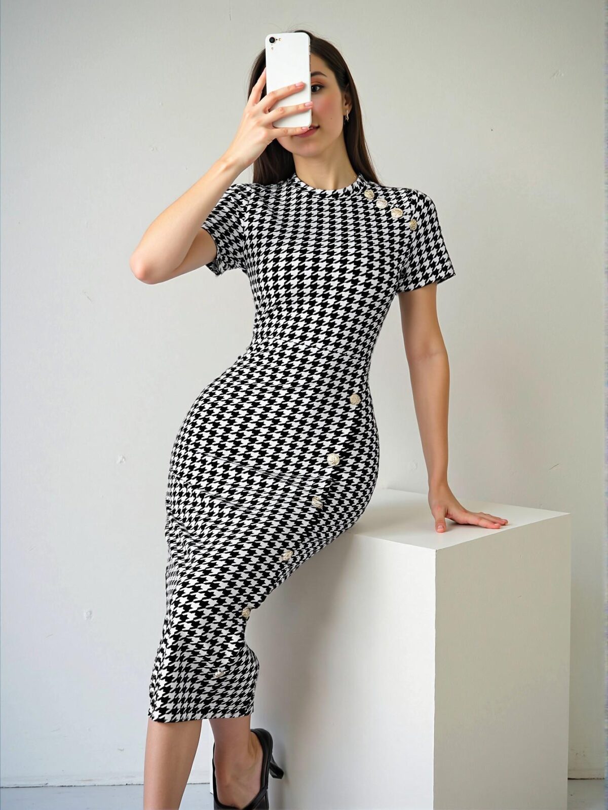 Elegant Multicolor Fitted Houndstooth Bodycon Midi Dress for Night Out - Chic, Classy and Trendy Fashion Style to Dress to Impress