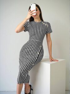 Elegant Multicolor Fitted Houndstooth Bodycon Midi Dress for Night Out - Chic, Classy and Trendy Fashion Style to Dress to Impress