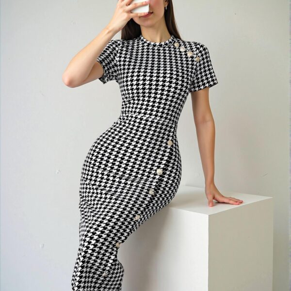 Elegant Multicolor Fitted Houndstooth Bodycon Midi Dress for Night Out - Chic, Classy and Trendy Fashion Style to Dress to Impress