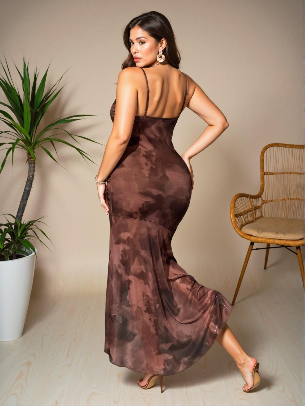 Elegant Brown Asymmetrical Ruched Midi Mesh Slip Dress for Summer Chic, Classy and Trendy Fashion Style to Dress to Impress - Image 2