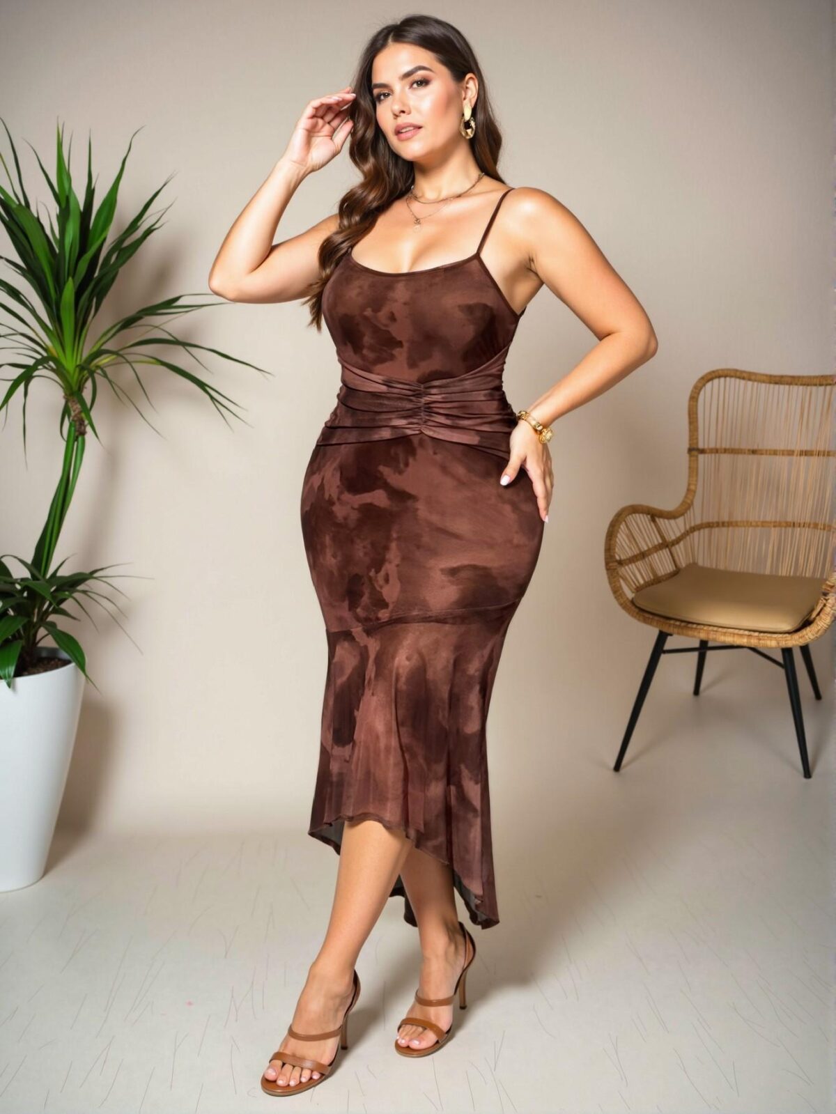 Elegant Brown Asymmetrical Ruched Midi Mesh Slip Dress for Summer Chic, Classy and Trendy Fashion Style to Dress to Impress - Image 3