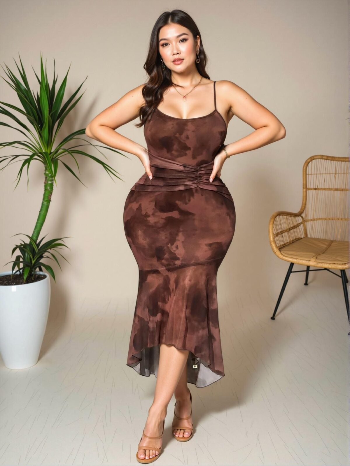 Elegant Brown Asymmetrical Ruched Midi Mesh Slip Dress for Summer Chic, Classy and Trendy Fashion Style to Dress to Impress - Image 4