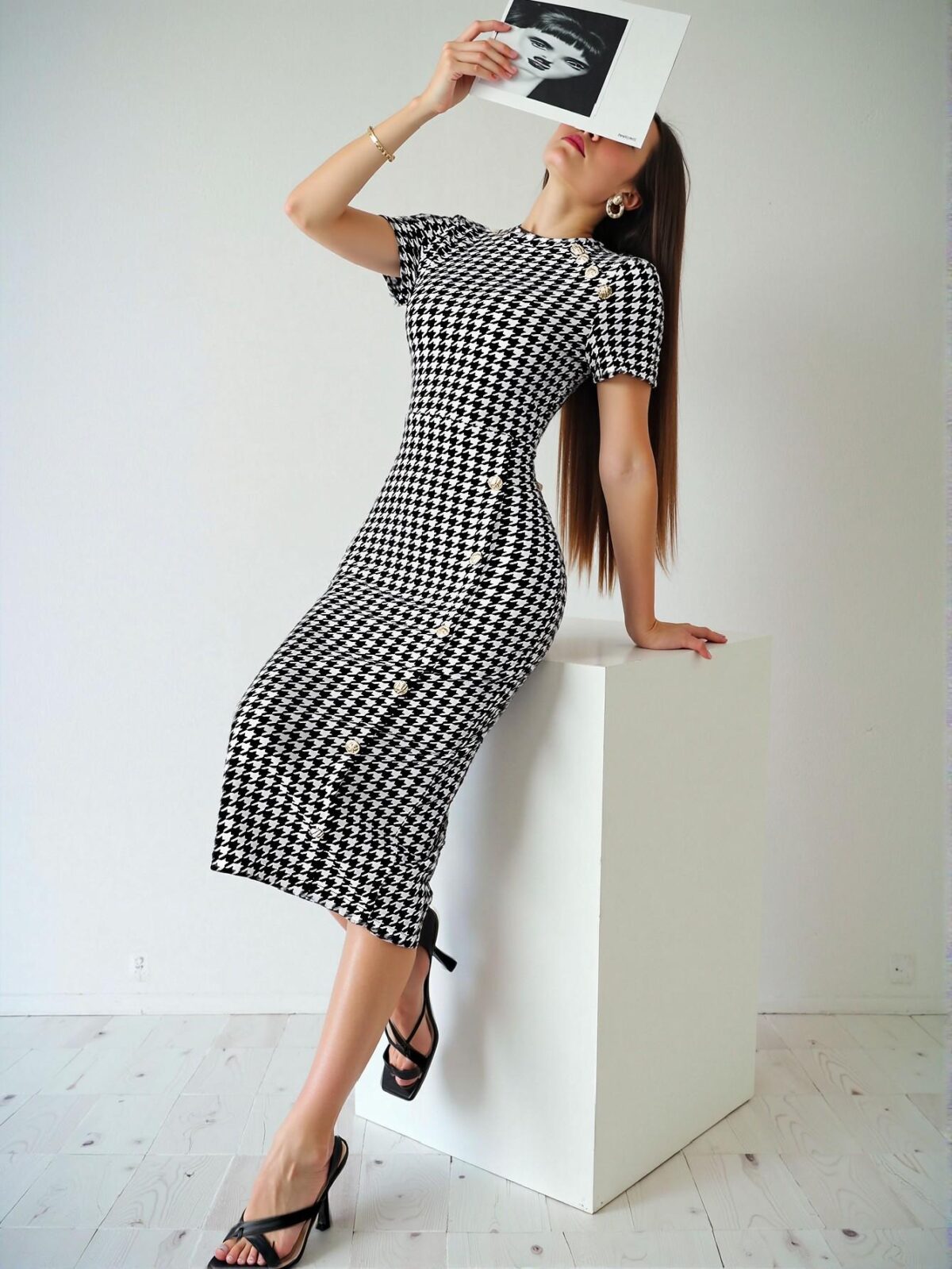 Elegant Multicolor Fitted Houndstooth Bodycon Midi Dress for Night Out - Chic, Classy and Trendy Fashion Style to Dress to Impress - Image 3