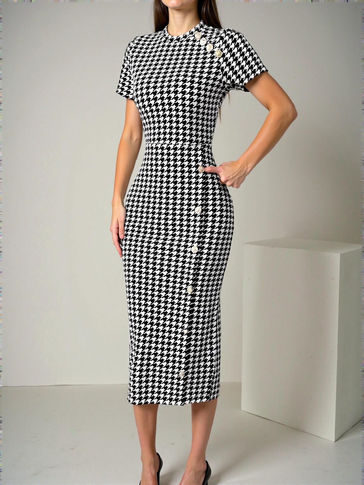 Elegant Multicolor Fitted Houndstooth Bodycon Midi Dress for Night Out - Chic, Classy and Trendy Fashion Style to Dress to Impress - Image 4
