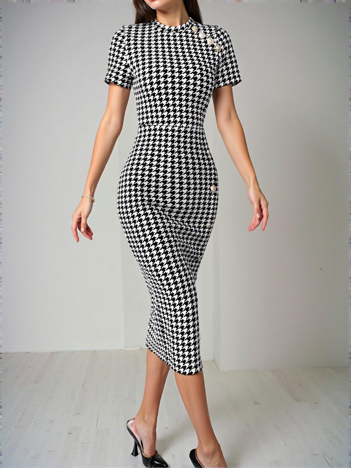 Elegant Multicolor Fitted Houndstooth Bodycon Midi Dress for Night Out - Chic, Classy and Trendy Fashion Style to Dress to Impress - Image 5