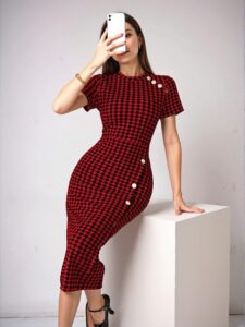 Elegant Red Houndstooth Print Fitted Midi Dress for Spring and Summer Chic, Classy and Trendy Fashion Style to Dress to Impress