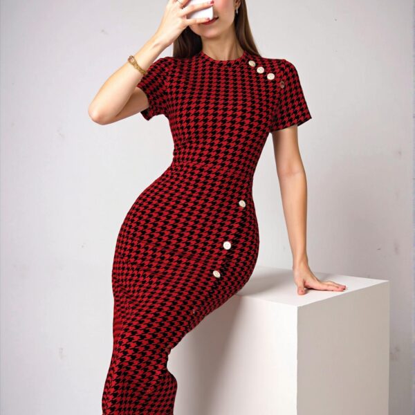 Elegant Red Houndstooth Print Fitted Midi Dress for Spring and Summer Chic, Classy and Trendy Fashion Style to Dress to Impress