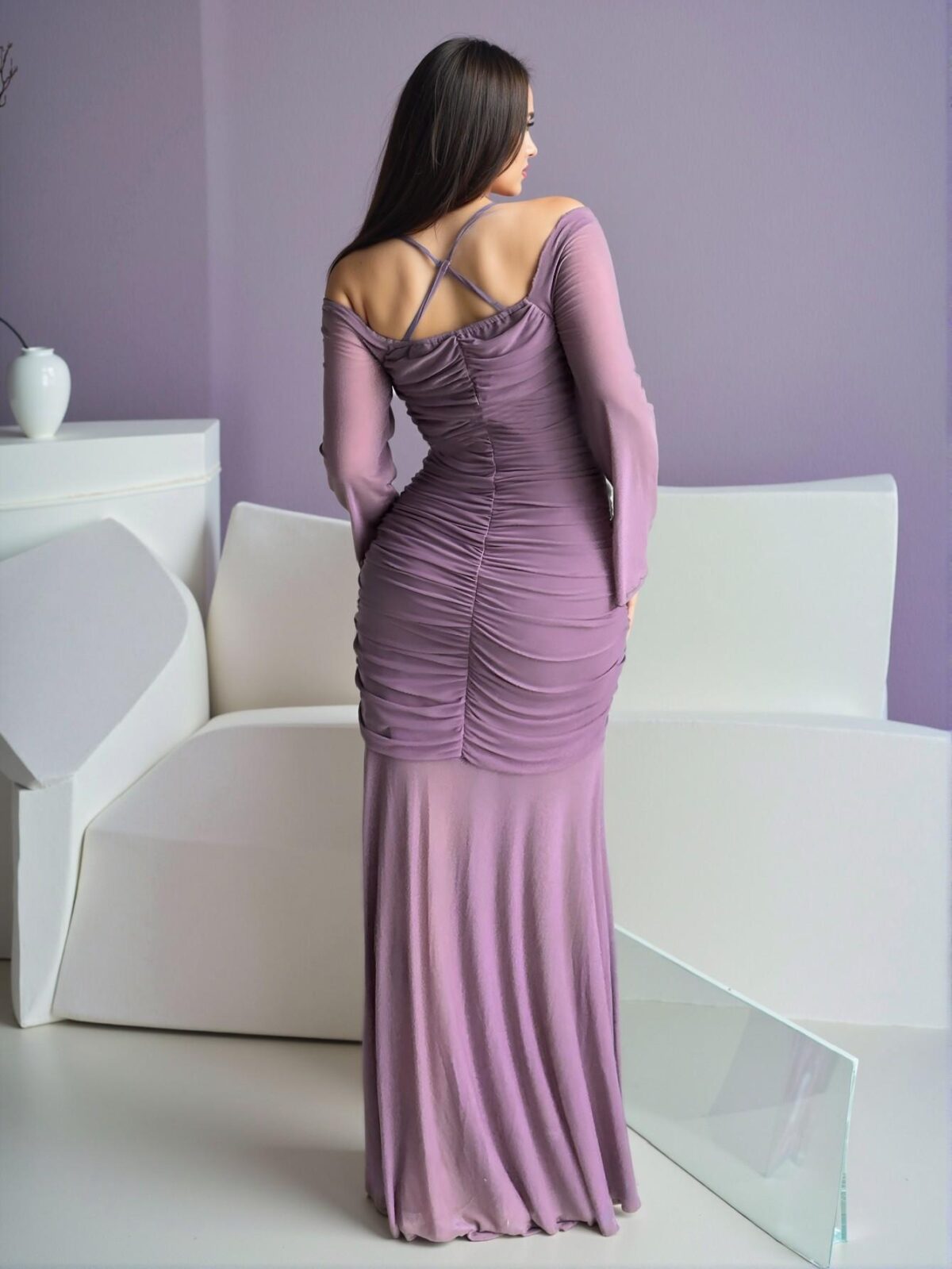 Elegant Purple Asymmetrical Neck Bodycon Midi Dress with Batwing Sleeves - Chic, Classy and Trendy Fashion Style to Dress to Impress - Image 2