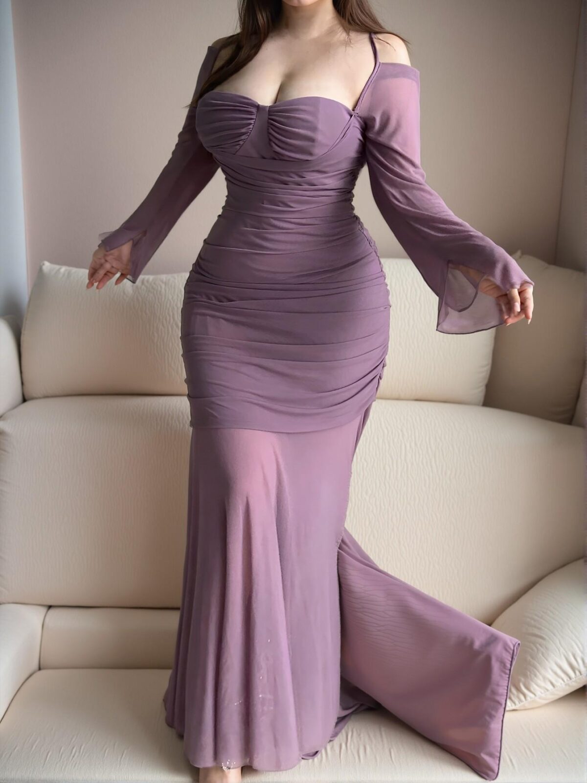 Elegant Purple Asymmetrical Neck Bodycon Midi Dress with Batwing Sleeves - Chic, Classy and Trendy Fashion Style to Dress to Impress - Image 3