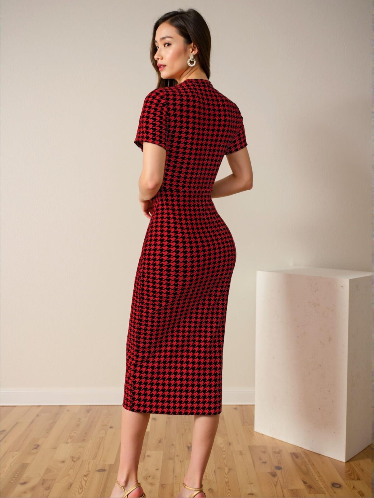 Elegant Red Houndstooth Print Fitted Midi Dress for Spring and Summer Chic, Classy and Trendy Fashion Style to Dress to Impress - Image 2