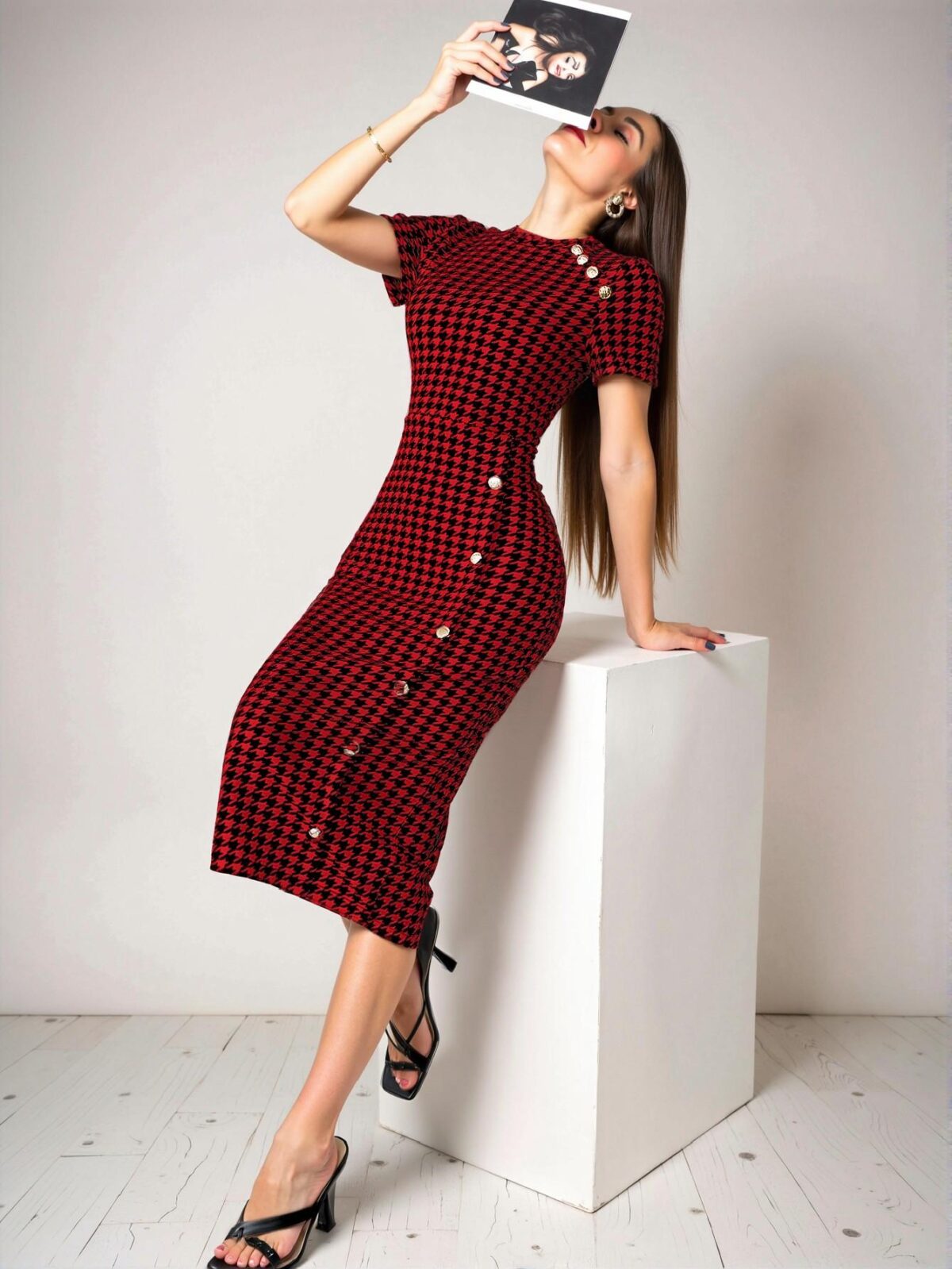 Elegant Red Houndstooth Print Fitted Midi Dress for Spring and Summer Chic, Classy and Trendy Fashion Style to Dress to Impress - Image 3