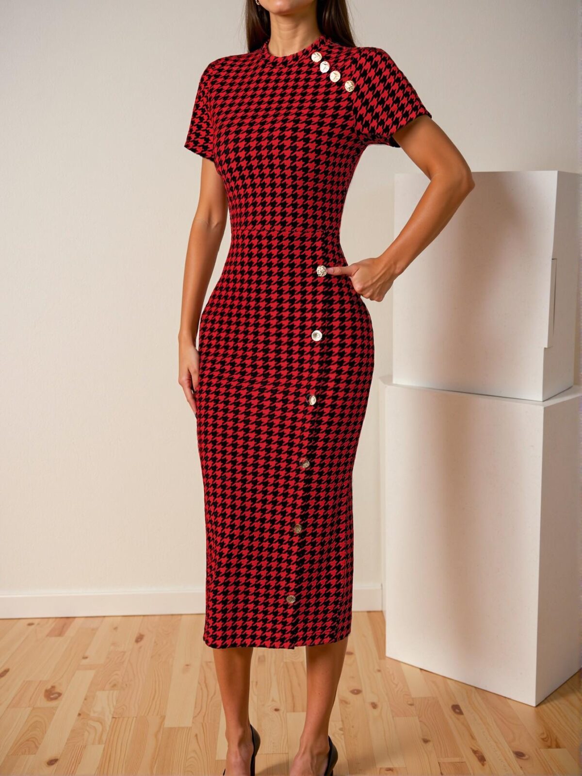 Elegant Red Houndstooth Print Fitted Midi Dress for Spring and Summer Chic, Classy and Trendy Fashion Style to Dress to Impress - Image 4