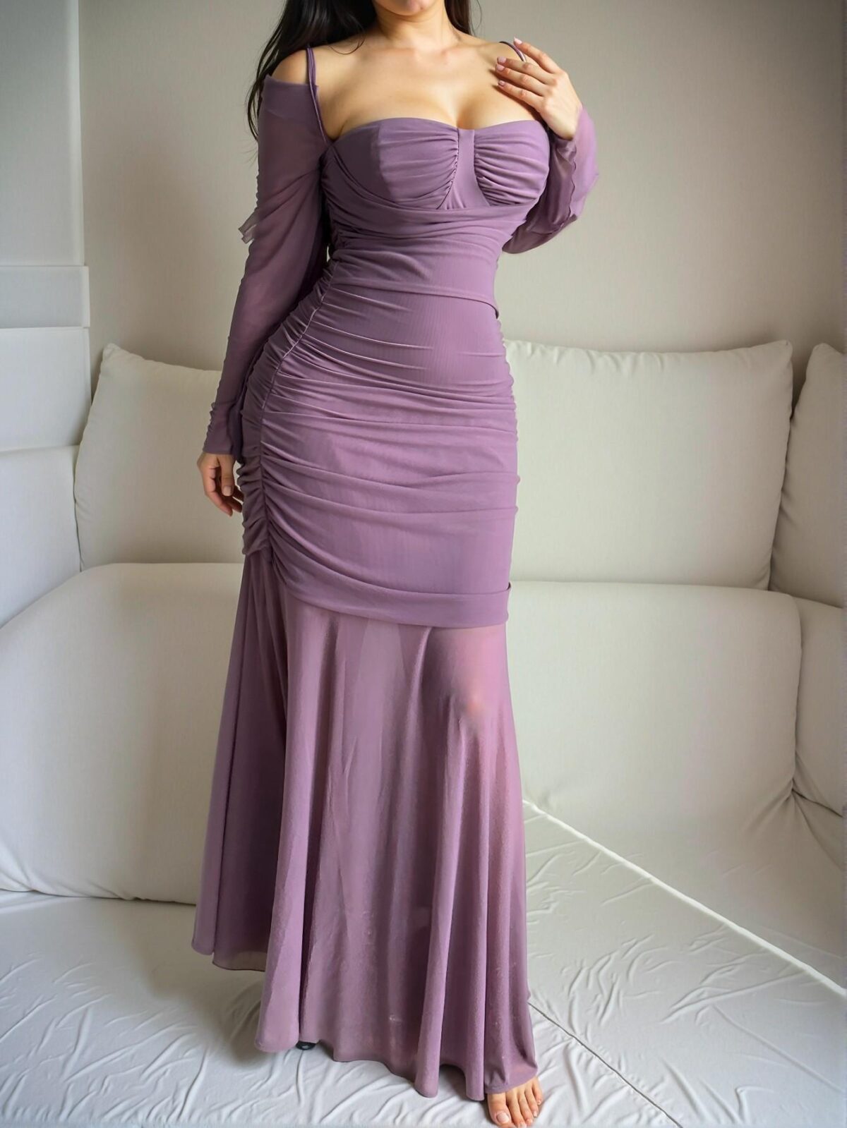 Elegant Purple Asymmetrical Neck Bodycon Midi Dress with Batwing Sleeves - Chic, Classy and Trendy Fashion Style to Dress to Impress - Image 5