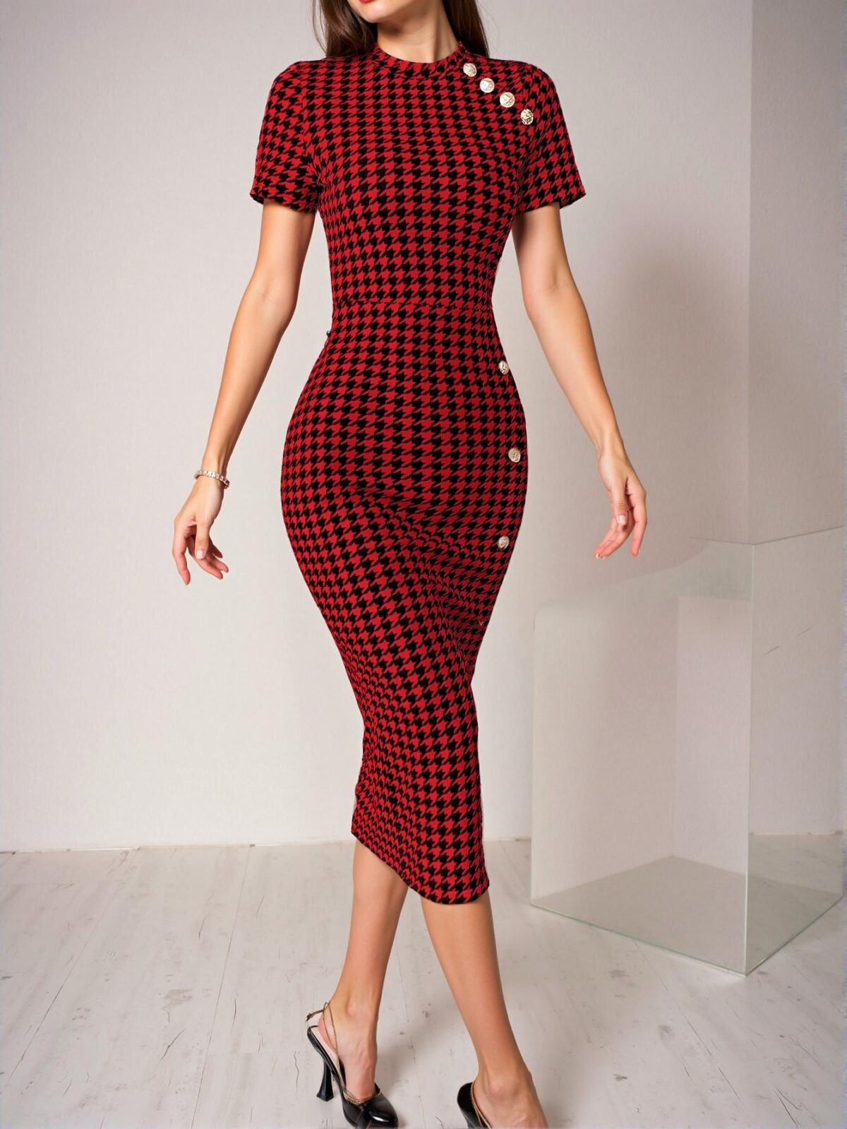 Elegant Red Houndstooth Print Fitted Midi Dress for Spring and Summer Chic, Classy and Trendy Fashion Style to Dress to Impress - Image 5