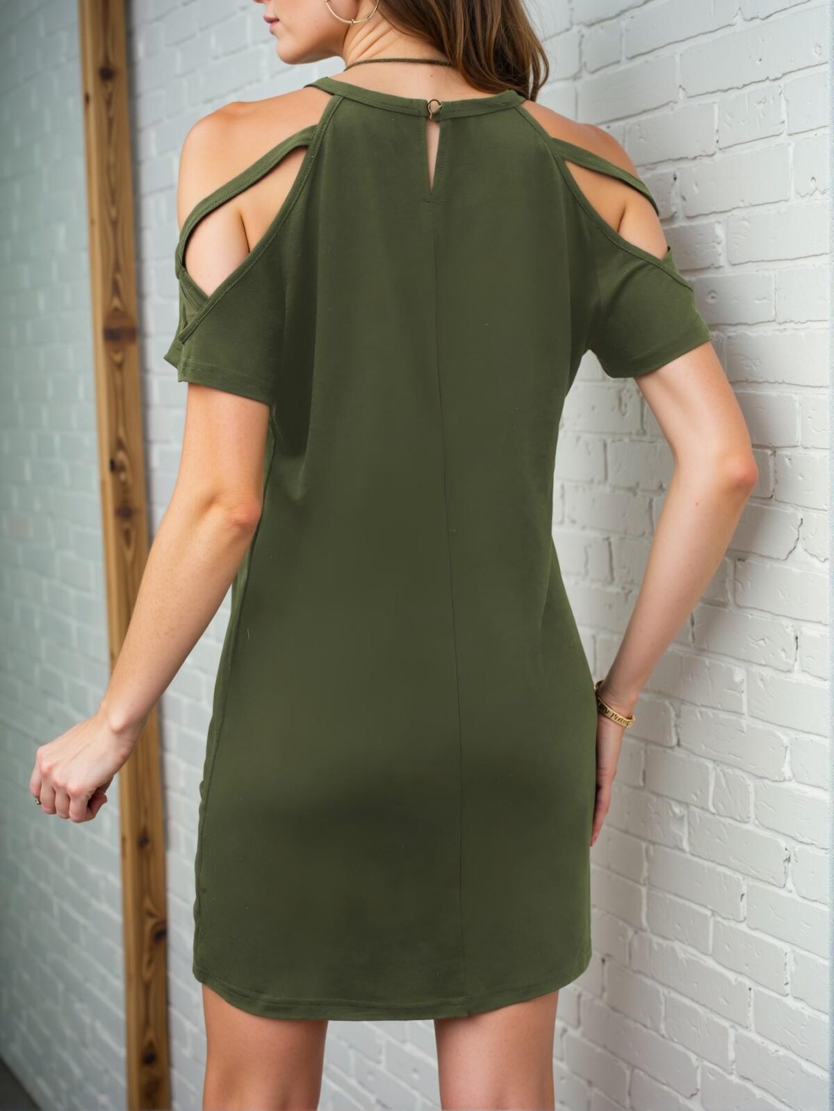 Elegant Army Green Casual Cold Shoulder Dress Perfect for Spring and Summer Gatherings - Chic, Classy and Trendy Fashion Style to Dress to Impress - Image 2
