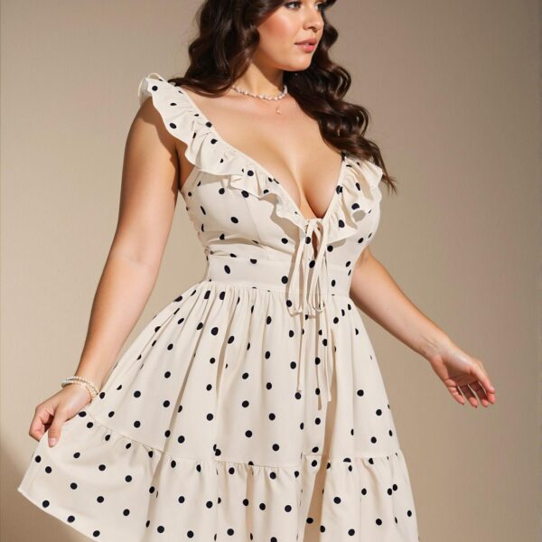 Elegant Apricot Flounce Hem Polka Dot Deep V-Neck Dress with Ruffles and Bowknot Detail – Chic, Classy, and Trendy Fashion Style to Dress to Impress