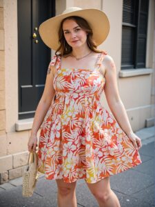 Elegant Orange Floral Print Bowknot Strap Mini Dress for Plus Size Women – A Chic, Classy, and Trendy Fashion Style to Dress to Impress