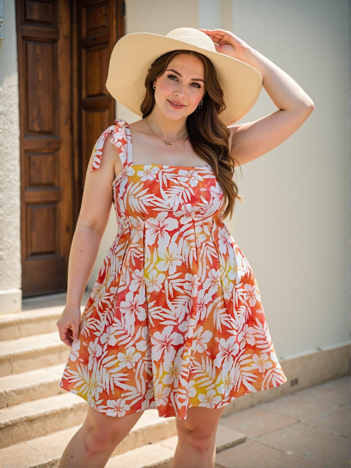 Elegant Orange Floral Print Bowknot Strap Mini Dress for Plus Size Women – A Chic, Classy, and Trendy Fashion Style to Dress to Impress - Image 3
