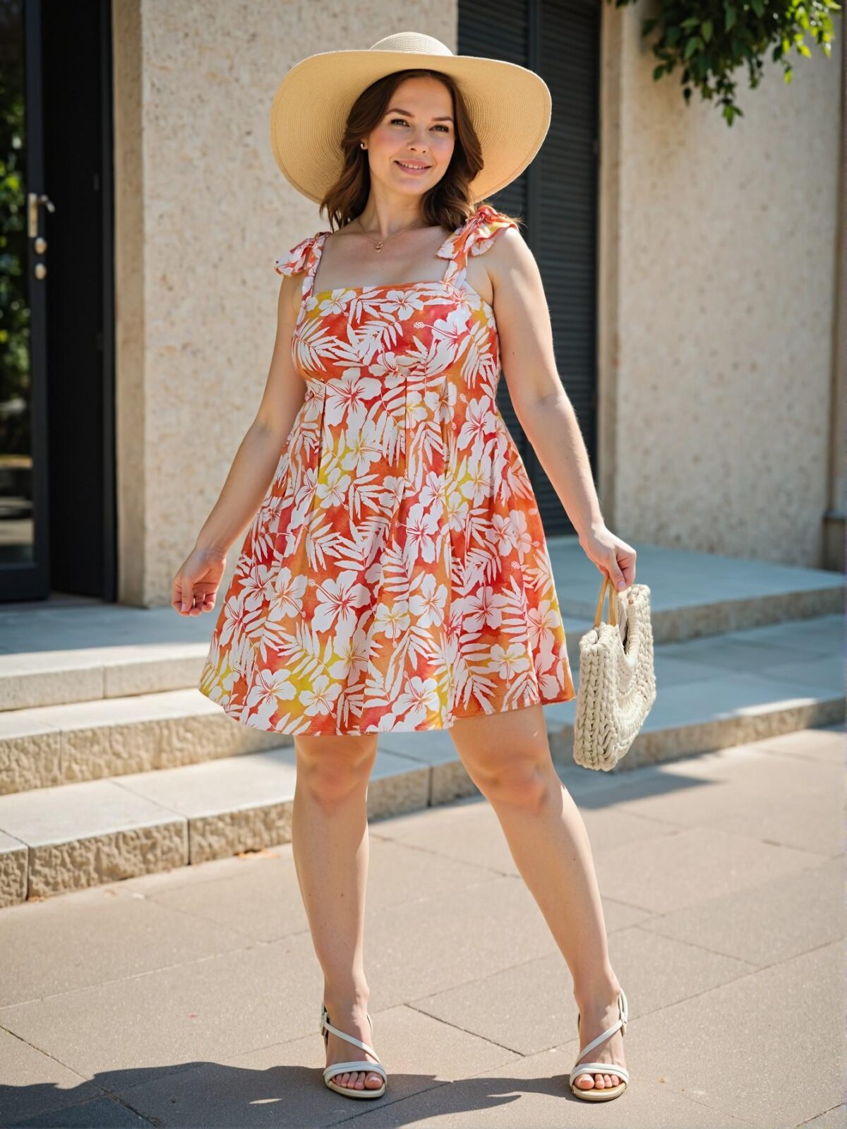 Elegant Orange Floral Print Bowknot Strap Mini Dress for Plus Size Women – A Chic, Classy, and Trendy Fashion Style to Dress to Impress - Image 4