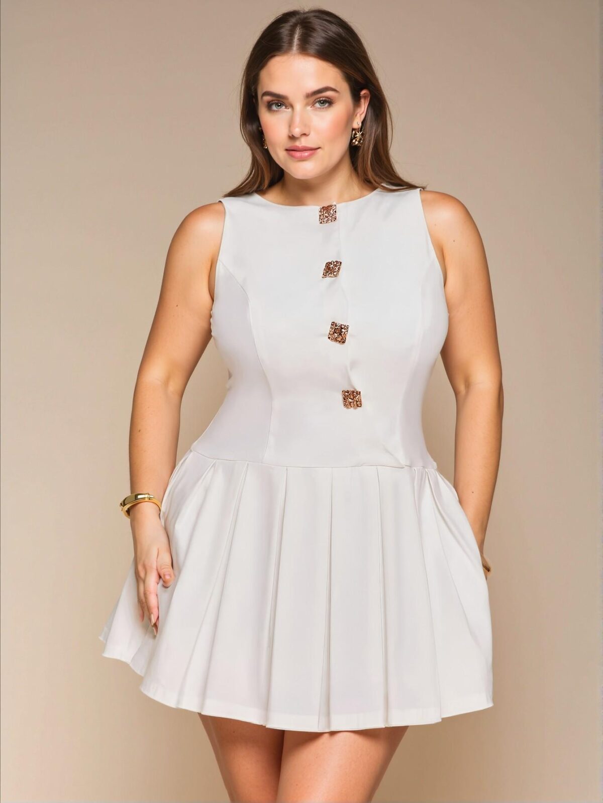Elegant White Pleated A-Line Mini Dress with Button Front Detail for Cocktail Parties, Romantic Dates, and Formal Gatherings - Chic, Classy, and Trendy Fashion Style to Dress to Impress