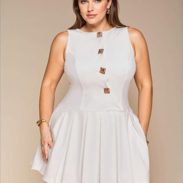 Elegant White Pleated A-Line Mini Dress with Button Front Detail for Cocktail Parties, Romantic Dates, and Formal Gatherings - Chic, Classy, and Trendy Fashion Style to Dress to Impress