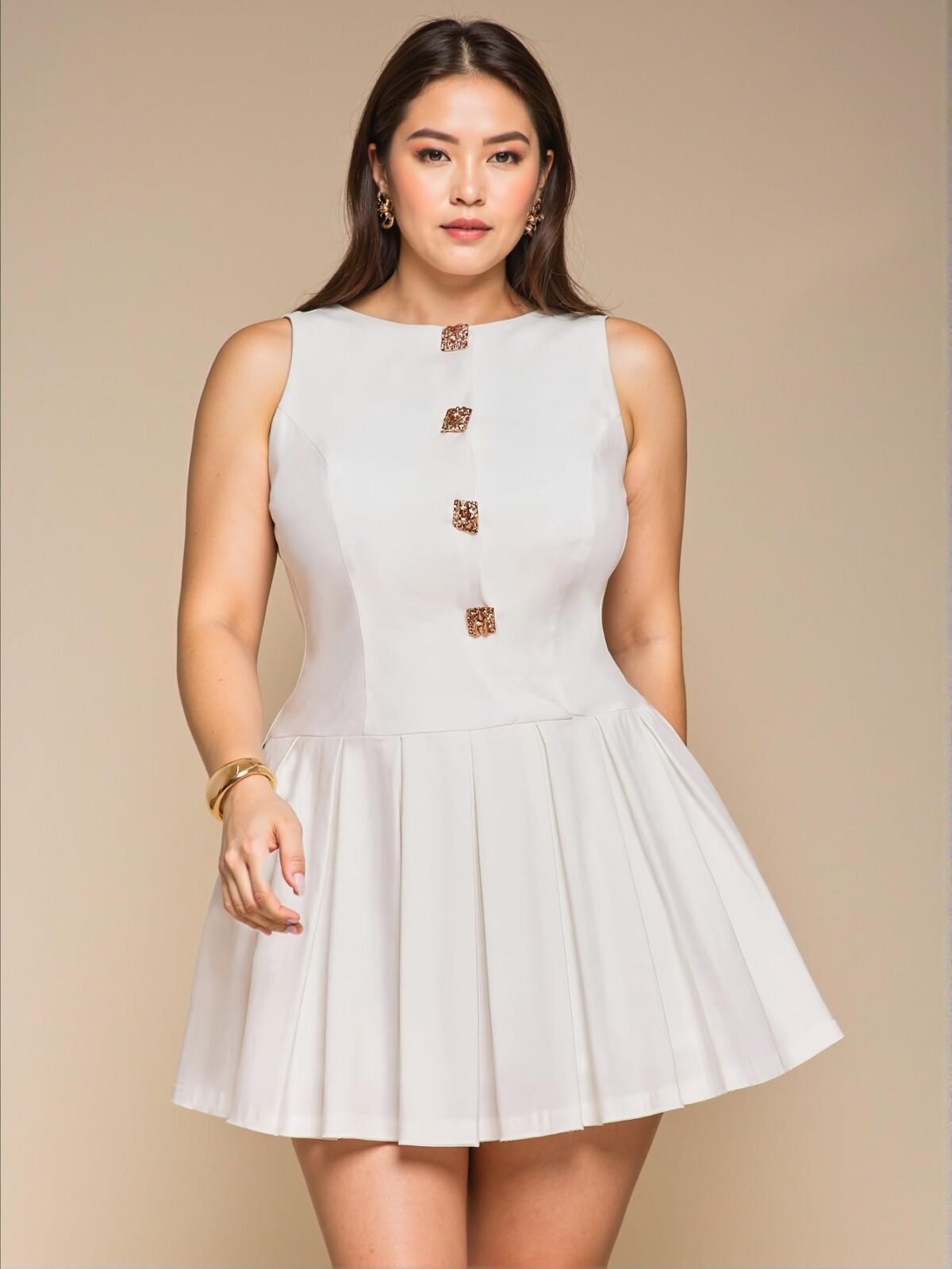 Elegant White Pleated A-Line Mini Dress with Button Front Detail for Cocktail Parties, Romantic Dates, and Formal Gatherings - Chic, Classy, and Trendy Fashion Style to Dress to Impress - Image 5