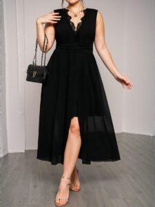 Elegant Black Thigh-High Slit V-Neck Lace Patchwork Sleeveless Dress Chic, Classy and Trendy Fashion Style to Dress to Impress