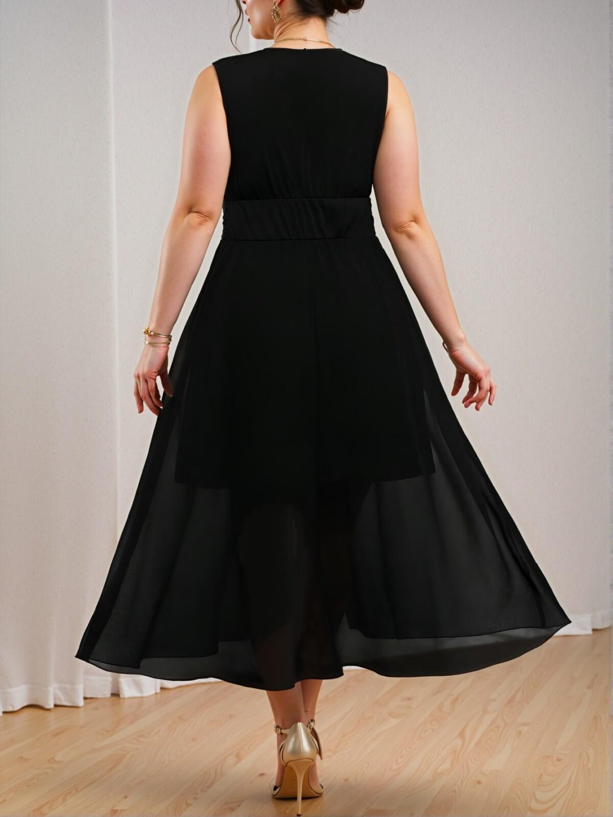 Elegant Black Thigh-High Slit V-Neck Lace Patchwork Sleeveless Dress Chic, Classy and Trendy Fashion Style to Dress to Impress - Image 2