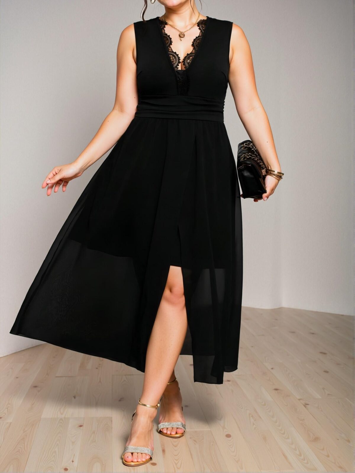 Elegant Black Thigh-High Slit V-Neck Lace Patchwork Sleeveless Dress Chic, Classy and Trendy Fashion Style to Dress to Impress - Image 3