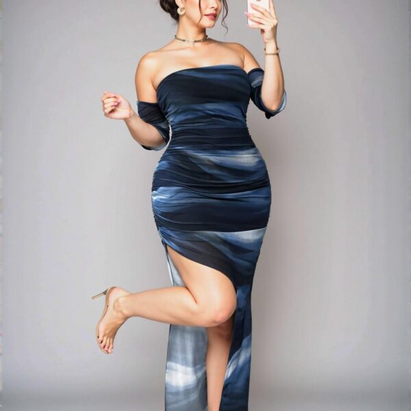 Elegant Navy Blue Ruched Asymmetric Hem Bodycon Dress with Split Thigh for Stunning Parties – Chic, Classy and Trendy Fashion Style to Dress to Impress