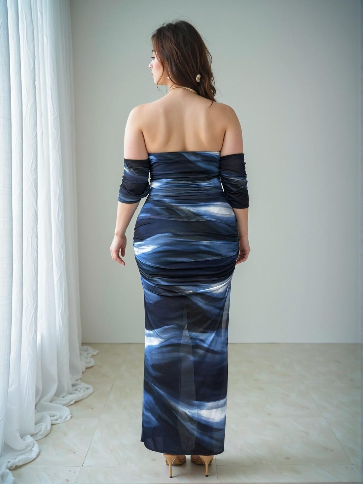 Elegant Navy Blue Ruched Asymmetric Hem Bodycon Dress with Split Thigh for Stunning Parties – Chic, Classy and Trendy Fashion Style to Dress to Impress - Image 2