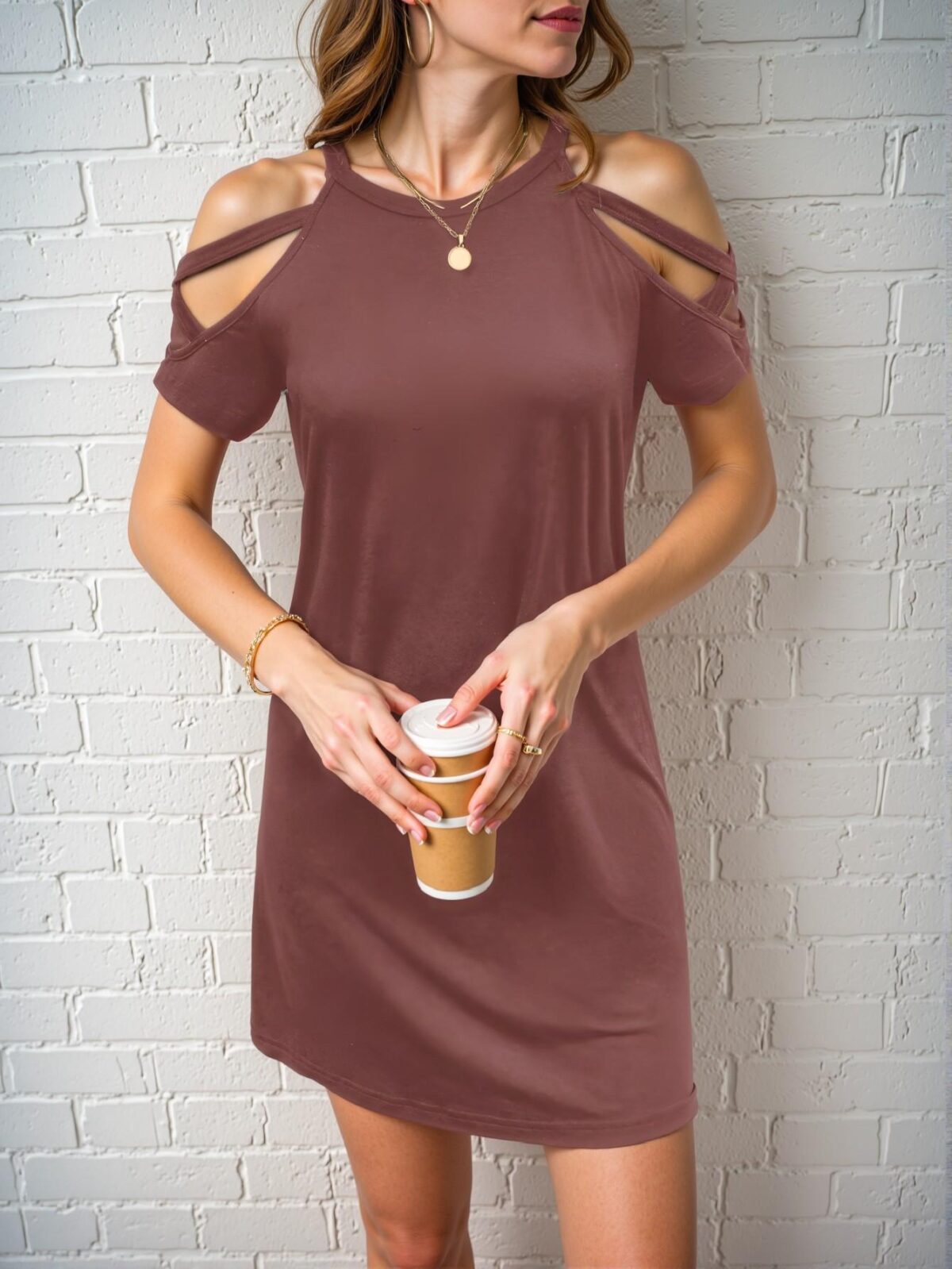 Elegant Dusty Pink Stylish Open Shoulder Casual Dress Perfect for Spring and Summer Gatherings Chic, Classy and Trendy Fashion Style to Dress to Impress - Image 3