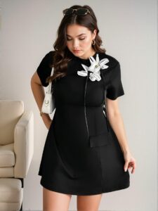 Elegant Black A-Line Dress with 3D Floral Print and Waist-Cinching Design, Perfect for Commuting and Everyday Wear - Chic, Classy and Trendy Fashion Style to Dress to Impress