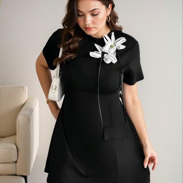 Elegant Black A-Line Dress with 3D Floral Print and Waist-Cinching Design, Perfect for Commuting and Everyday Wear - Chic, Classy and Trendy Fashion Style to Dress to Impress