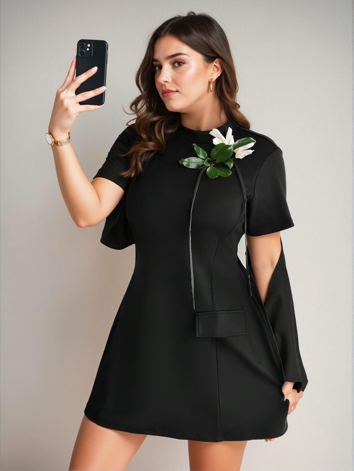 Elegant Black A-Line Dress with 3D Floral Print and Waist-Cinching Design, Perfect for Commuting and Everyday Wear - Chic, Classy and Trendy Fashion Style to Dress to Impress - Image 3