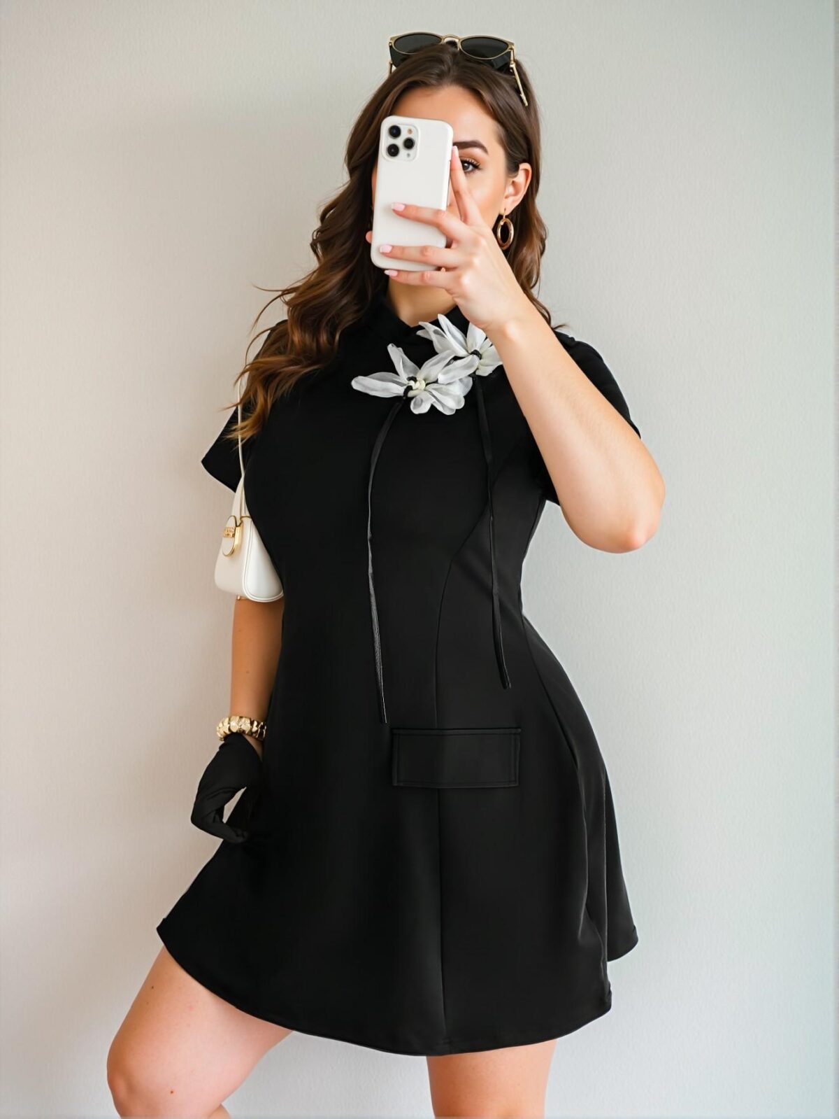 Elegant Black A-Line Dress with 3D Floral Print and Waist-Cinching Design, Perfect for Commuting and Everyday Wear - Chic, Classy and Trendy Fashion Style to Dress to Impress - Image 4