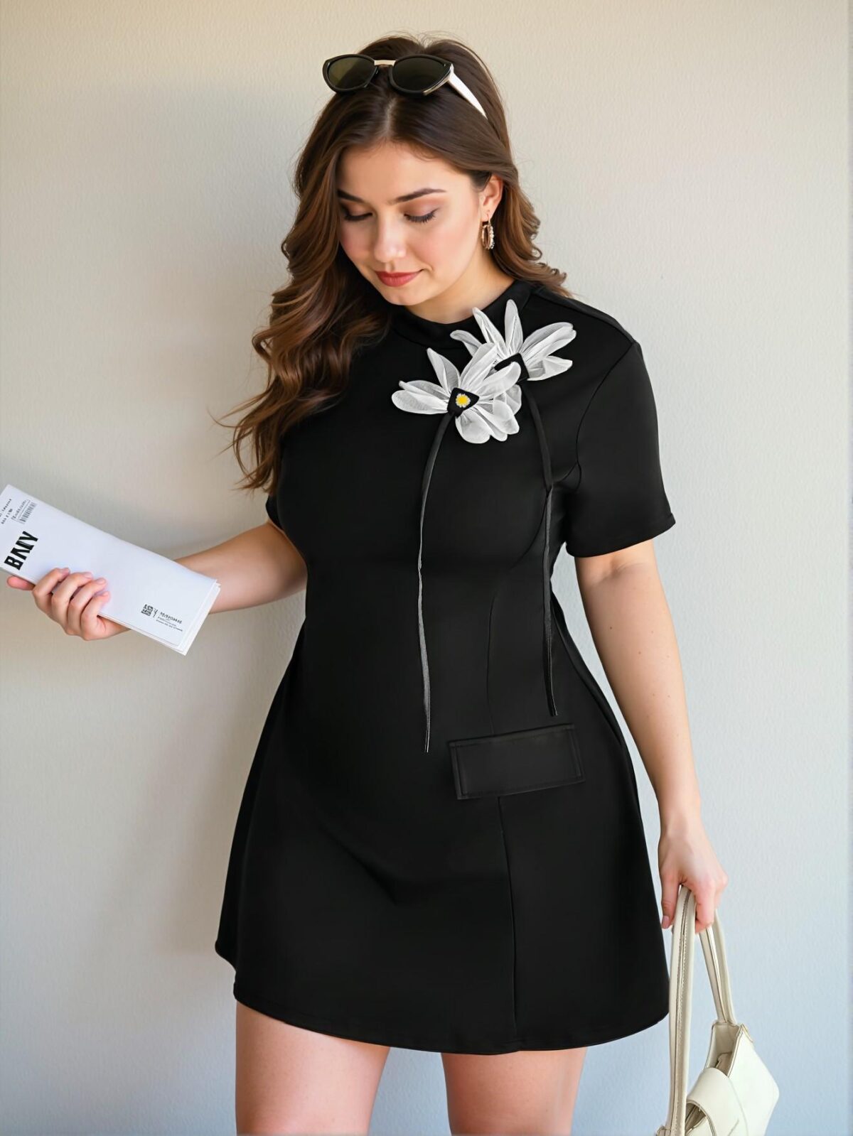Elegant Black A-Line Dress with 3D Floral Print and Waist-Cinching Design, Perfect for Commuting and Everyday Wear - Chic, Classy and Trendy Fashion Style to Dress to Impress - Image 5