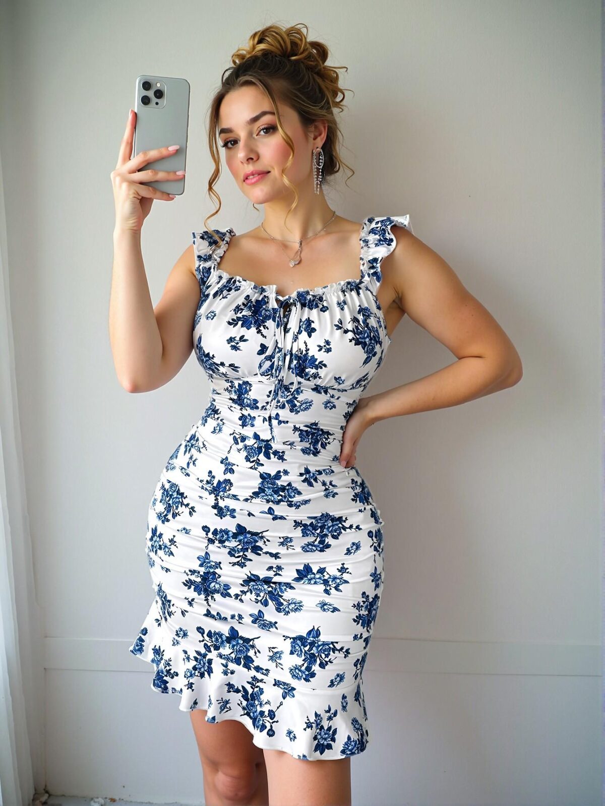 Elegant White Floral Print Color Block Pleated Flare Sleeve Mini Dress with Ruffle Hem - Chic, Classy and Trendy Fashion Style to Dress to Impress