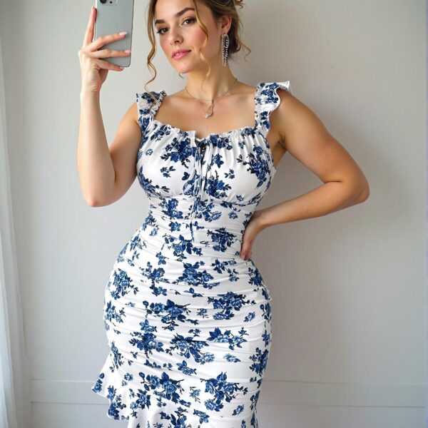 Elegant White Floral Print Color Block Pleated Flare Sleeve Mini Dress with Ruffle Hem - Chic, Classy and Trendy Fashion Style to Dress to Impress