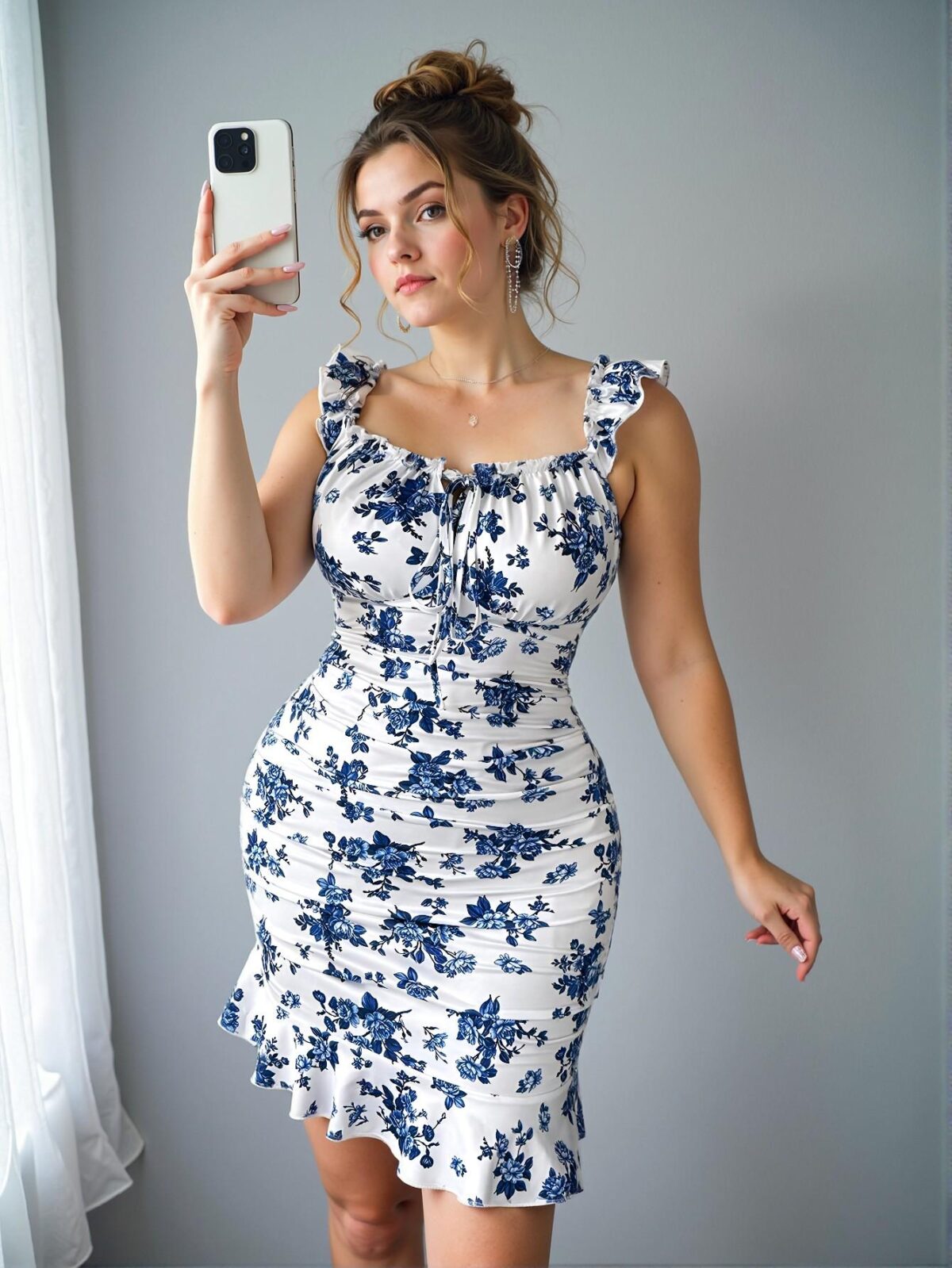 Elegant White Floral Print Color Block Pleated Flare Sleeve Mini Dress with Ruffle Hem - Chic, Classy and Trendy Fashion Style to Dress to Impress - Image 3